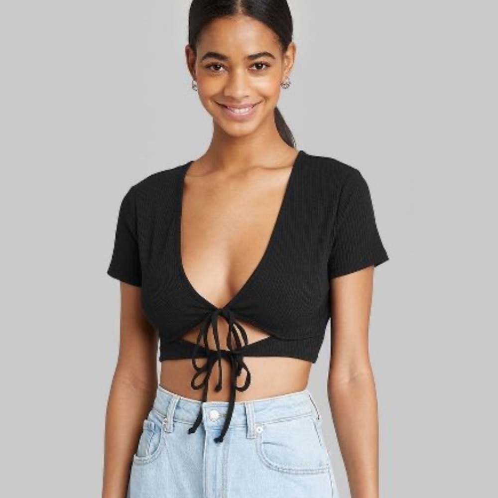 WILD fable Black ribbed Short Sleeve Double Tie Versatile plus XXL T-Shirt NWT